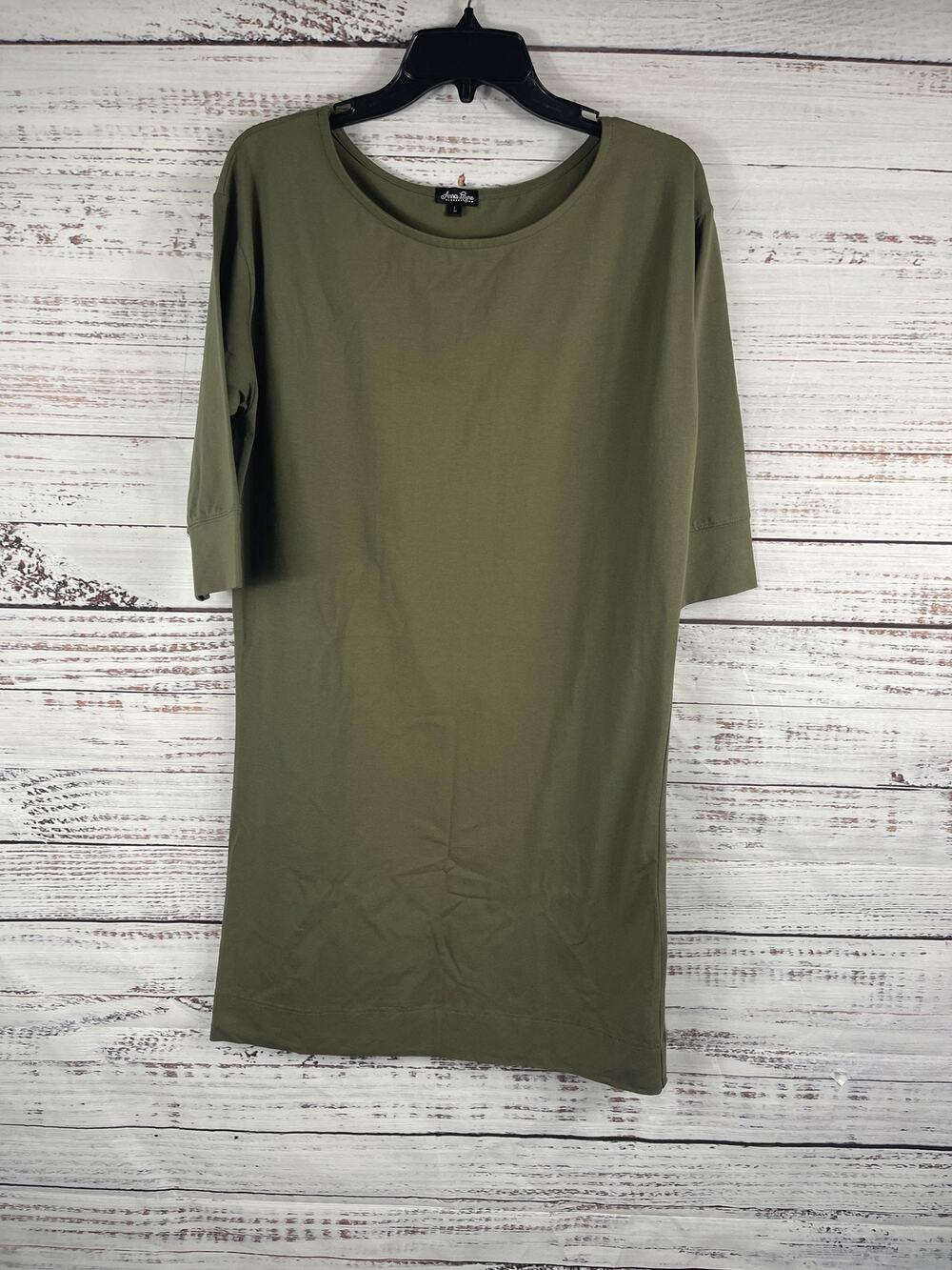 Anna Lane Dress Women's Large Green 3/4 Sleeve Cotton Spandex Casual Minimalist